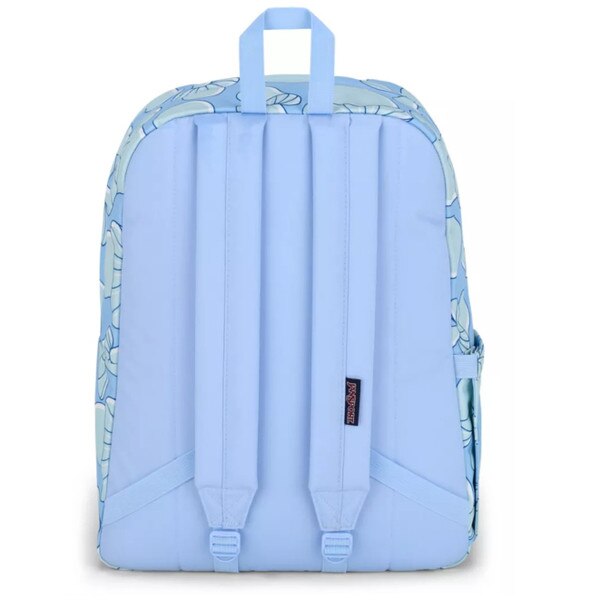 Back of light blue Jansport backpack with loop on top and shoulder straps with small Jansport logo sewed into one strap all in solid light blue color..